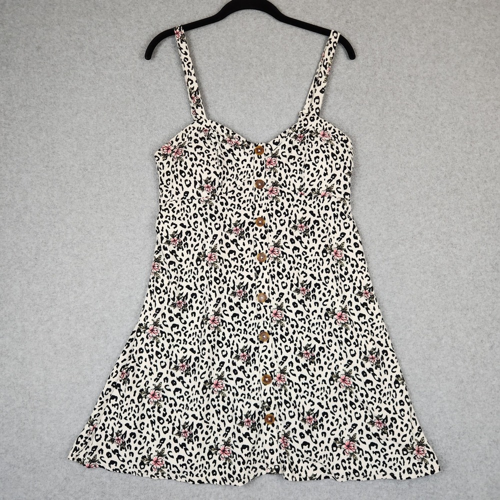 No Boundaries Leopard Floral Button Front Mini Dress Large 11-13 Smocked Back